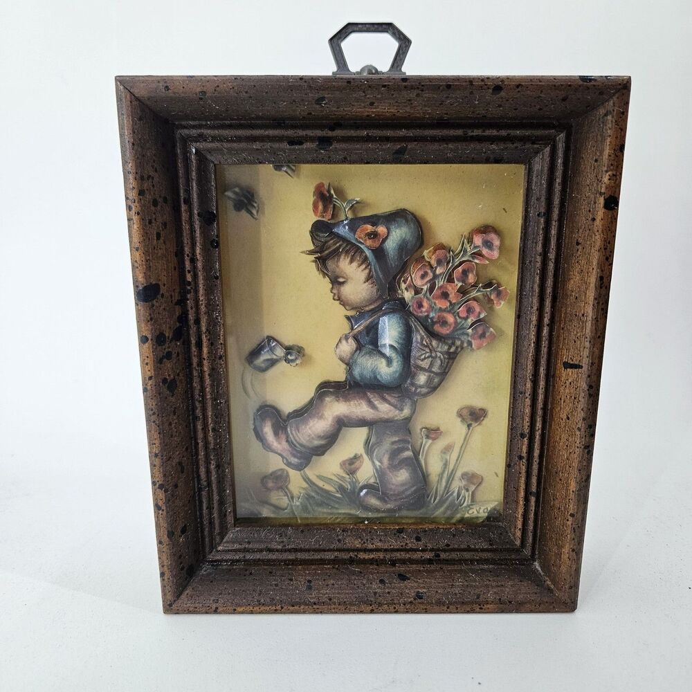 Vintage Hummel Style Shadow Box Frame 3D Art Boy with Flowers Wall Decor Mid